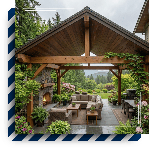 A high-end outdoor living space featuring a large timber-framed patio cover with a stone fireplace and luxury outdoor furniture.