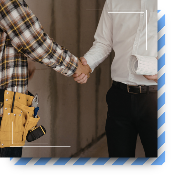 A roofing contractor and technician shaking hands after completion of a project.