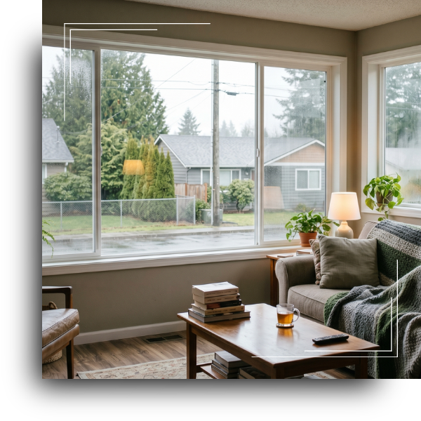 Pacific Northwest home with large energy-efficient vinyl windows, natural light streaming into a bright living room, cozy interior during a rainy day