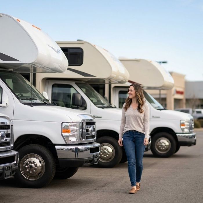 A woman smiles as she walks past a row of new Class C motorhomes at an outdoor dealership.
