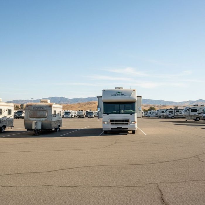 RV parked on a large, somewhat empty consignment dealer lot