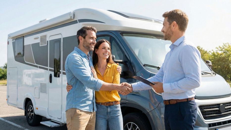 A happy couple shakes hands with a professional motorhome buyer in front of a modern RV.