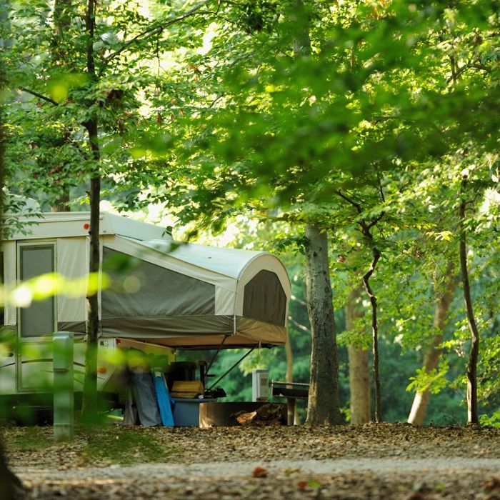 popup camper in woods