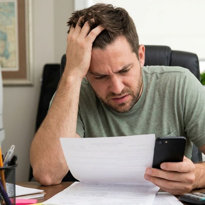 A man looking frustrated with paperwork and a phone.