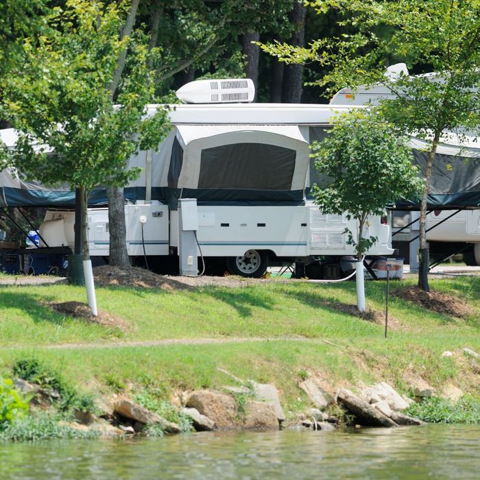 popup camper at lake