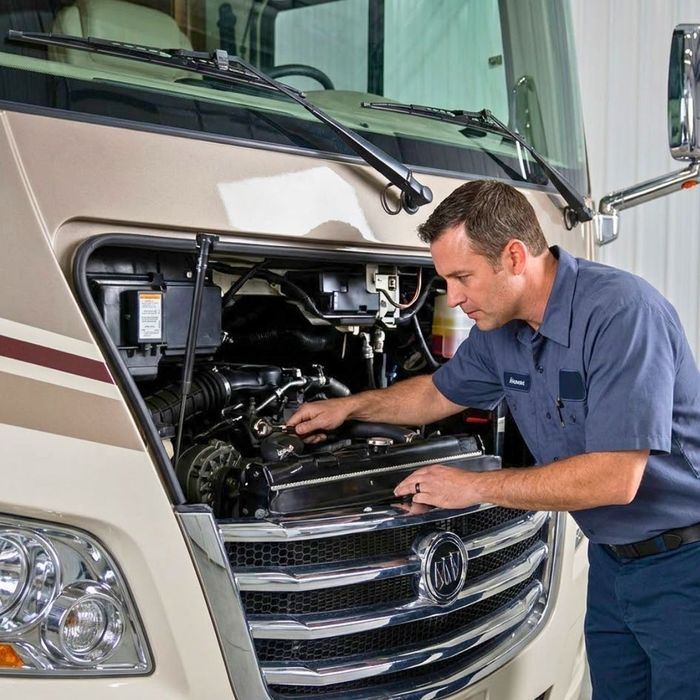 A specialist inspecting a detailed engine compartment.