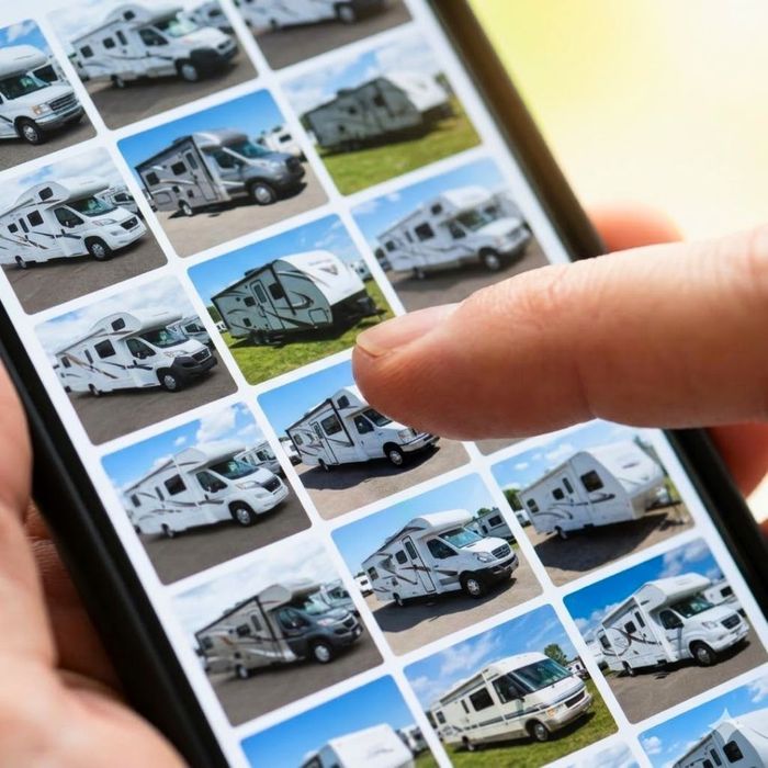 A close-up of fingers scrolling through mobile RV listings.
