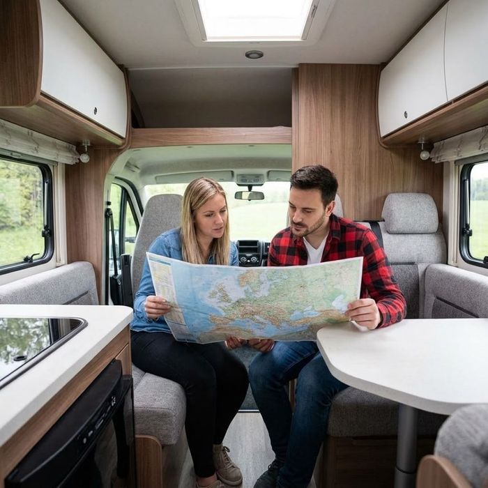 A couple looks cramped while reviewing a map inside a small recreational vehicle.