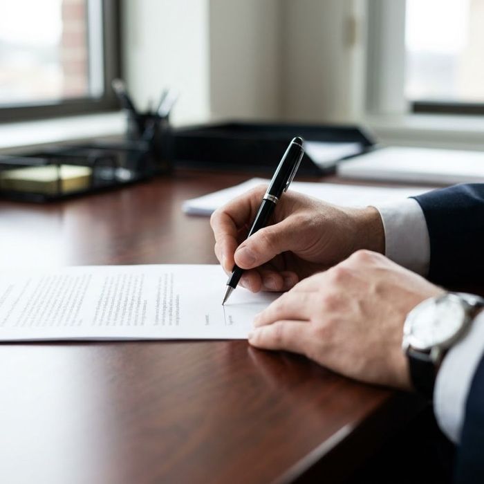 Close-up of a hand signing official paperwork with a pen.