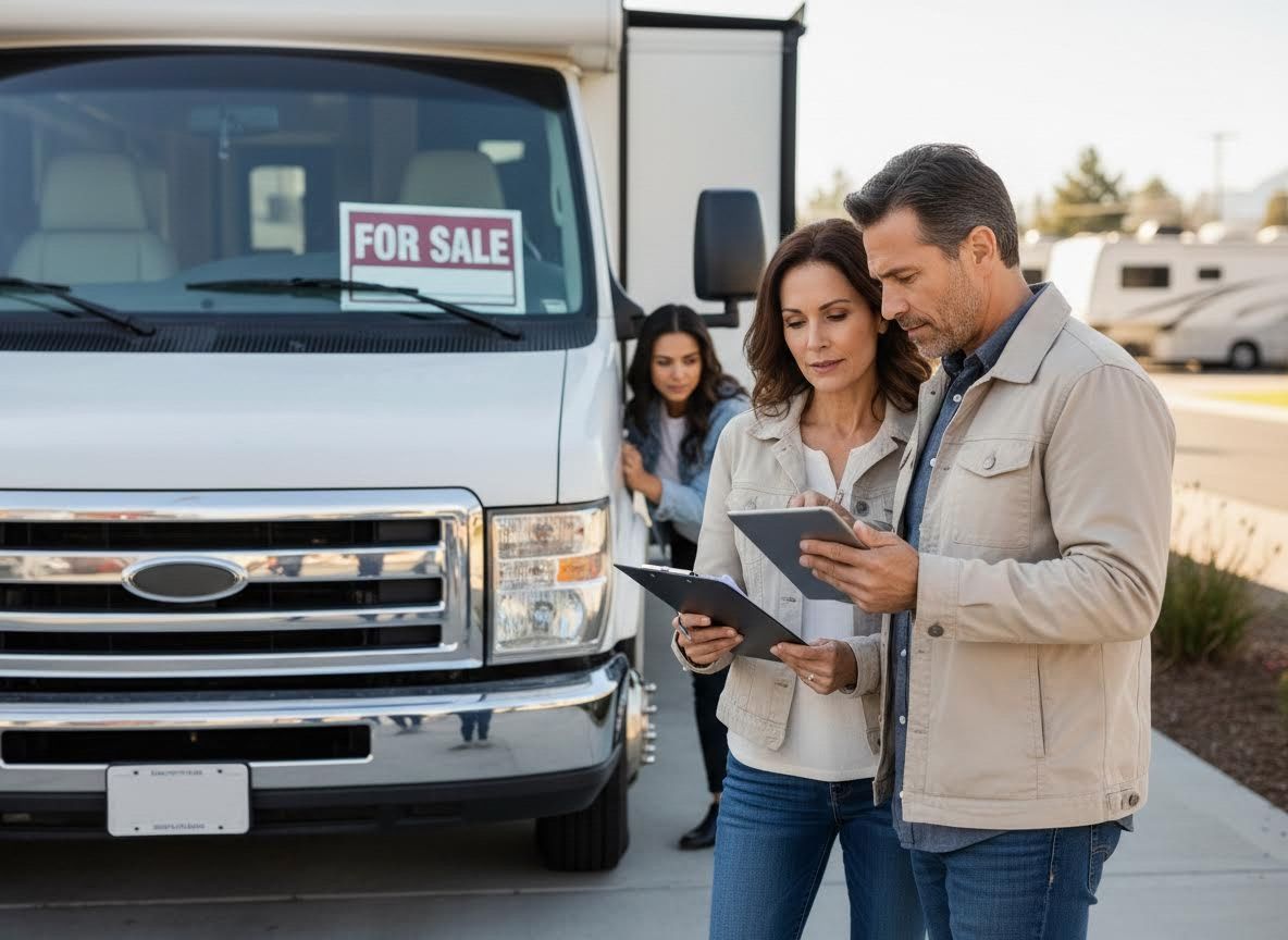 Family inspecting a recreational vehicle for sale
