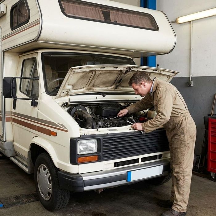 A mechanic in coveralls inspects the engine compartment of an older motorhome.