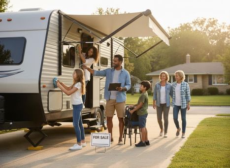 A family washes their travel trailer with a 'For Sale' sign on a suburban driveway, as two women approach. The RV awning is extended. Family preparing RV for sale on a sunny driveway