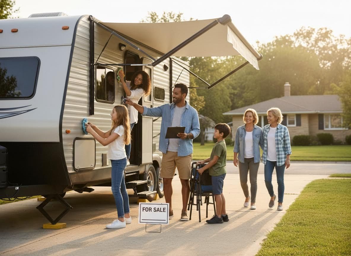 Family preparing RV for sale on a sunny driveway