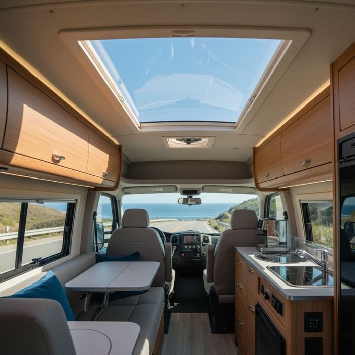 A well-appointed interior of a professionally built campervan
