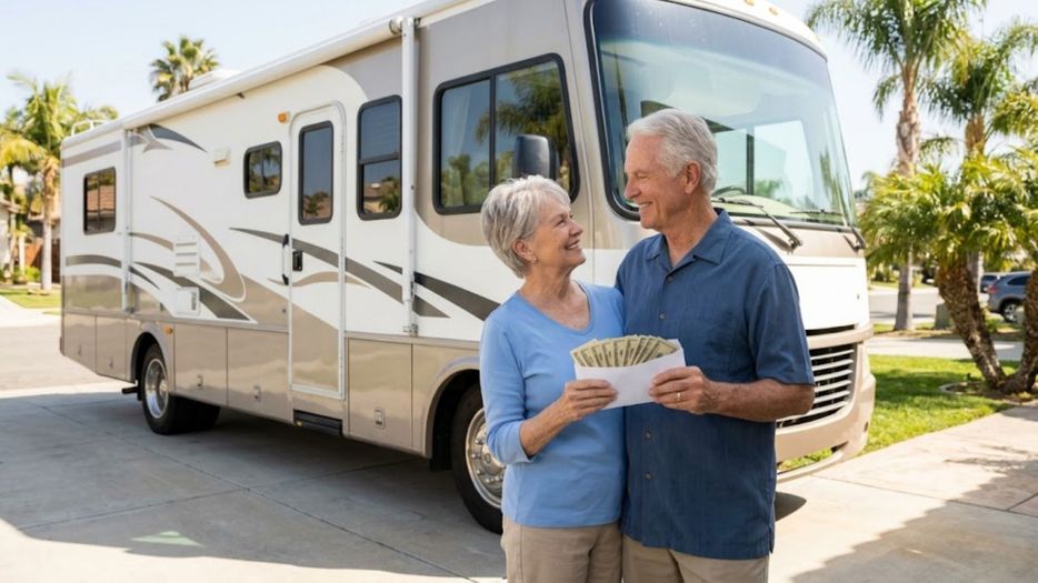 A senior couple smiles broadly while holding cash in front of their large motorhome.