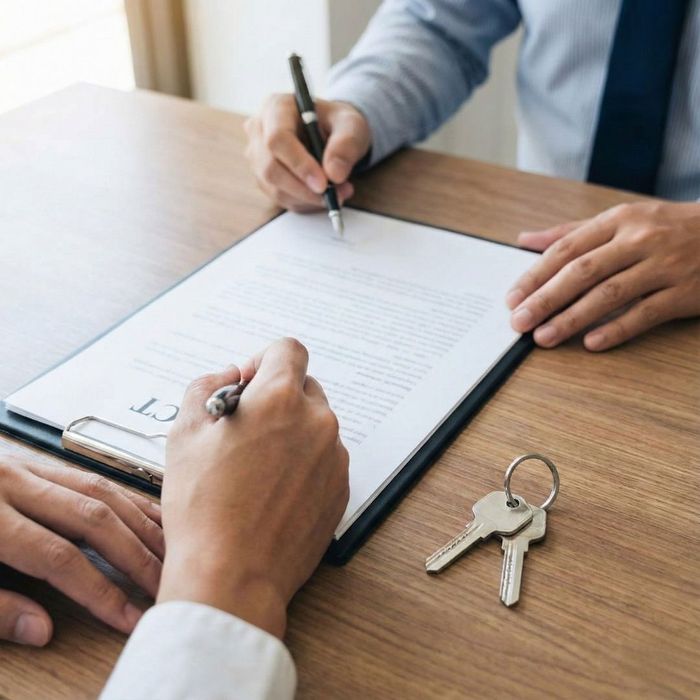 Two people signing a contract on a clipboard with a set of keys on the table.