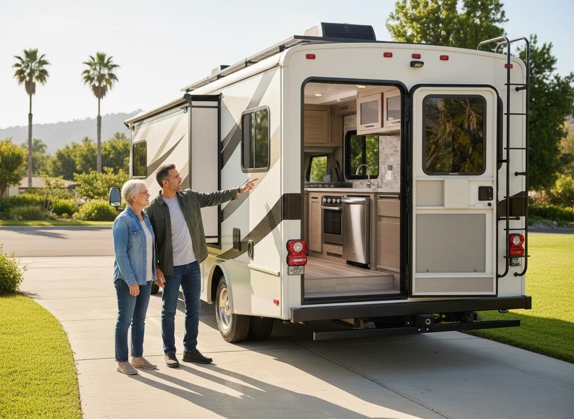 Couple inspecting a modern motorhome with an open kitchen