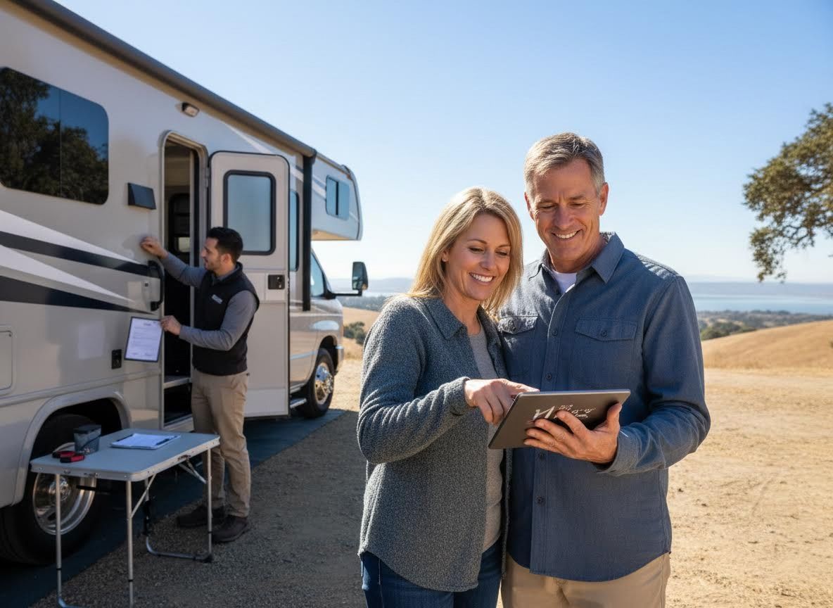 Couple reviewing tablet with RV service technician