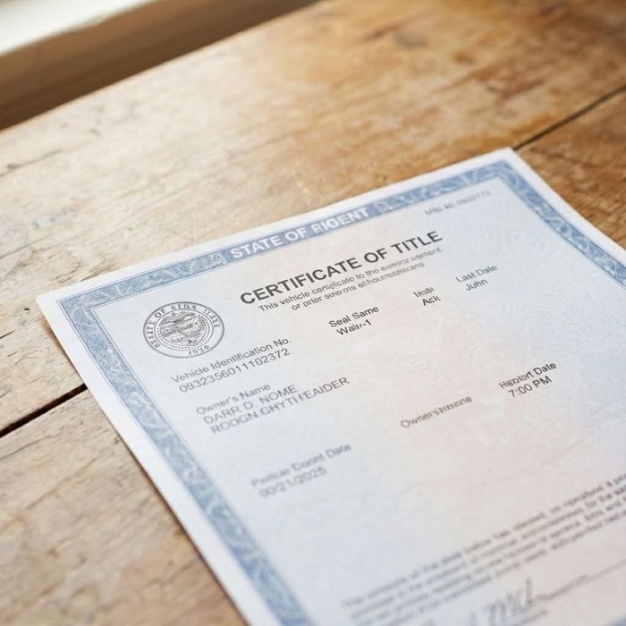 A close-up of a vehicle certificate of title document on a wooden desk.