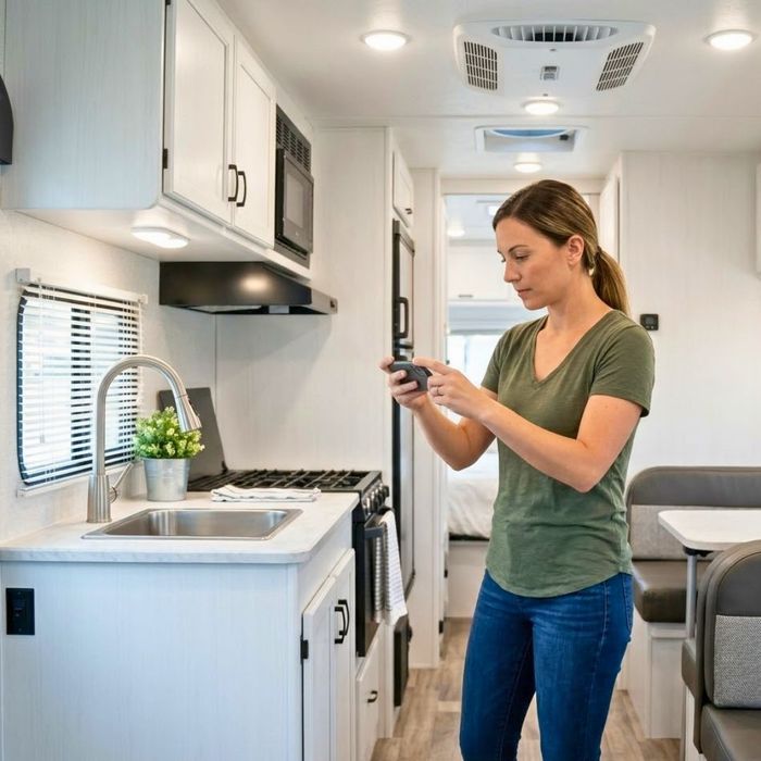 A woman taking detailed interior photos of a clean travel trailer.