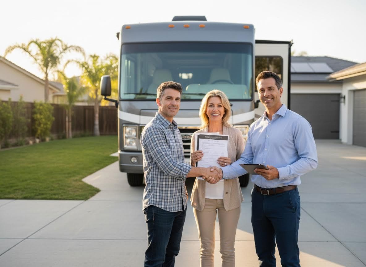 Happy couple shaking hands with an RV dealer