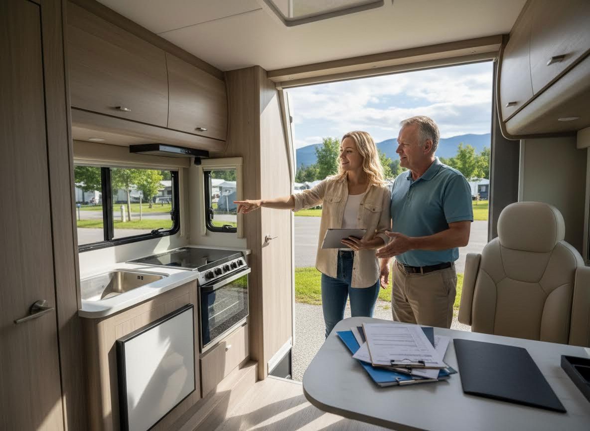 Couple exploring a modern RV kitchen