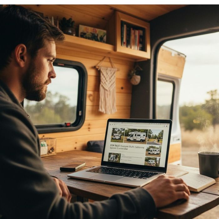 A person using a laptop or tablet, actively researching or listing their campervan for sale