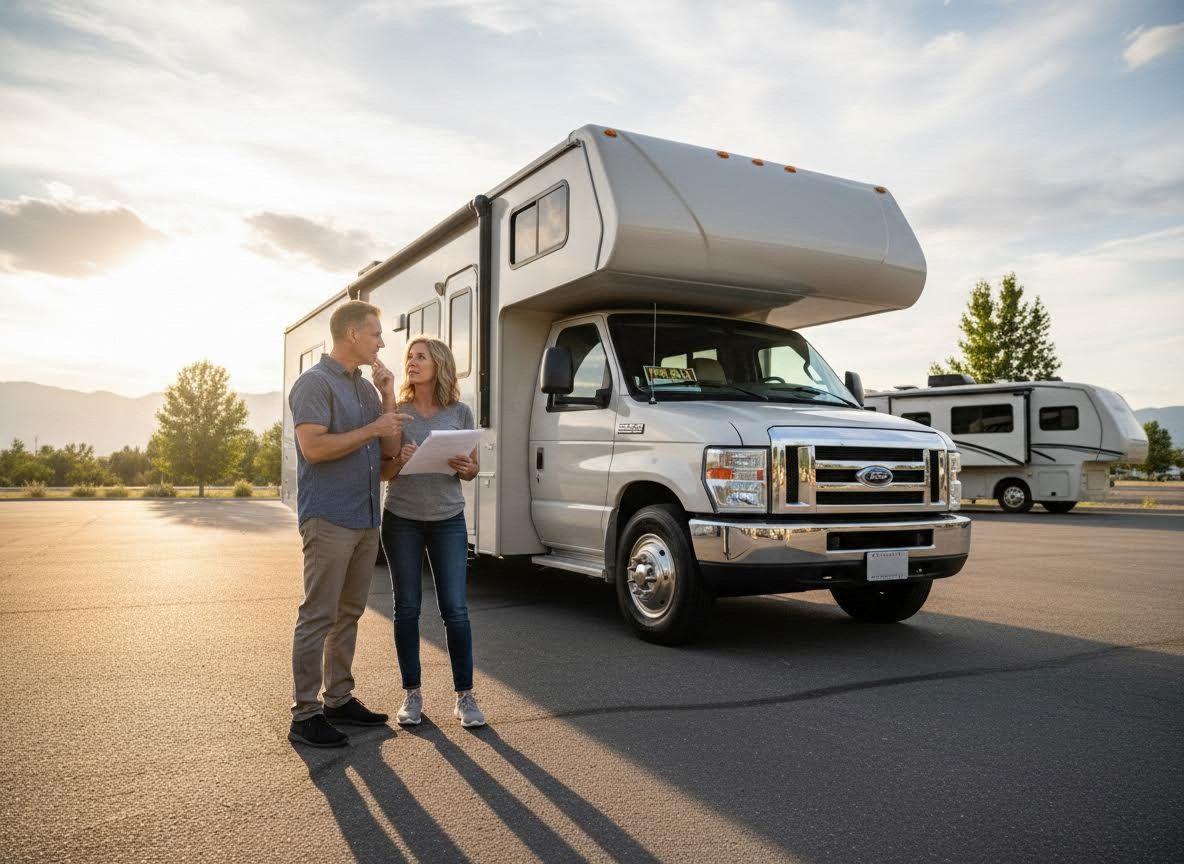 Couple reviewing documents next to an RV at sunset