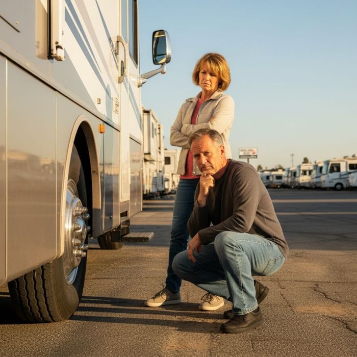 A couple looking skeptically at an RV tire
