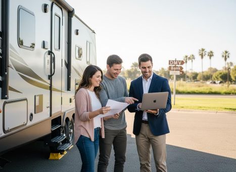 A happy couple reviews documents and a laptop with a smiling salesperson beside an RV, possibly discussing financing or features. Couple and salesperson discussing RV purchase