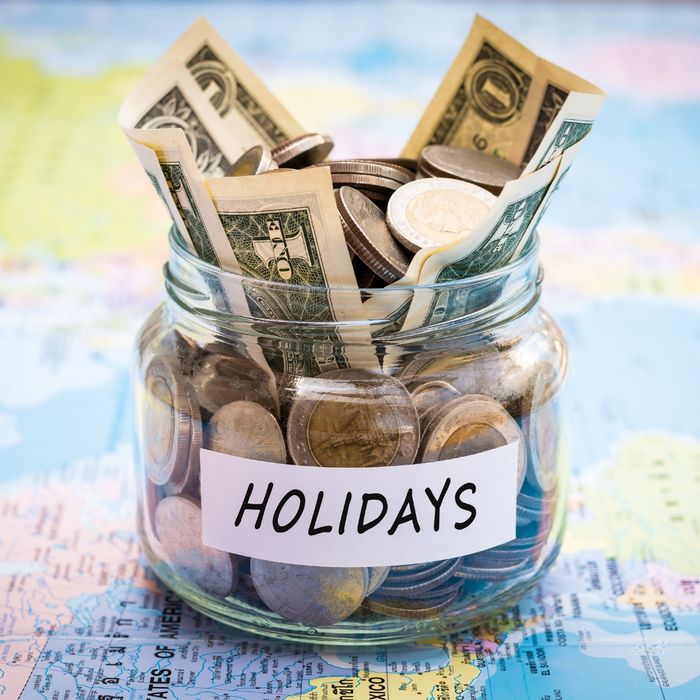 Holiday labeled jar with money in it