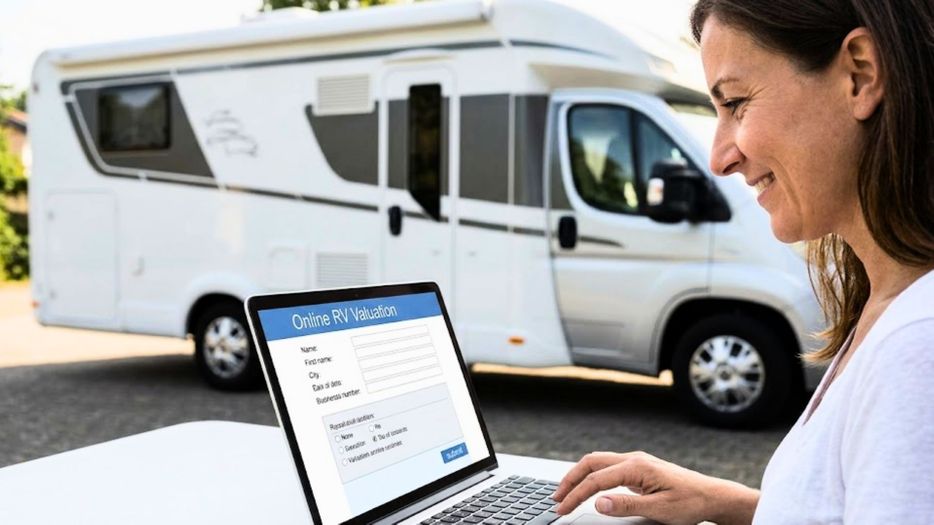 A person smiling while submitting an online form on a laptop, with an RV visible in the background. A person smiling while submitting an online form on a laptop, with an RV visible in the background.