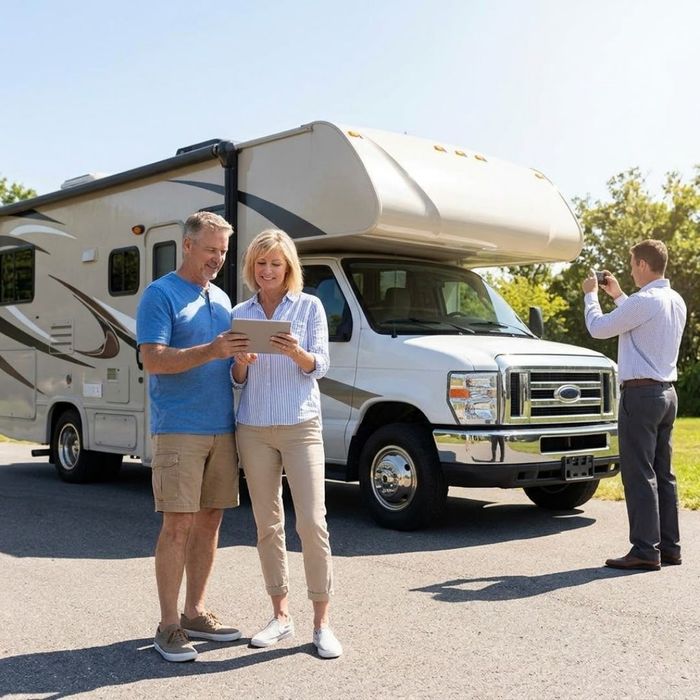 A couple standing confidently beside their Class C motorhome, looking at a tablet while another man takes photos of the RV.
