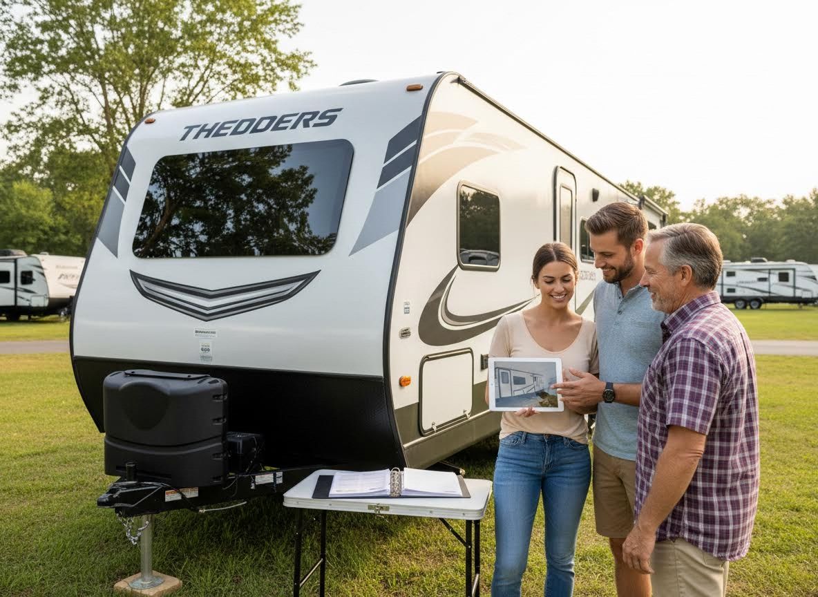 People reviewing travel trailer details on a tablet