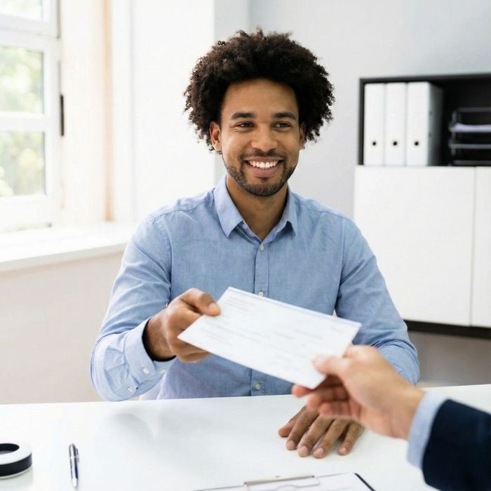 A smiling man in a blue shirt receives a check across a desk in a bright office.