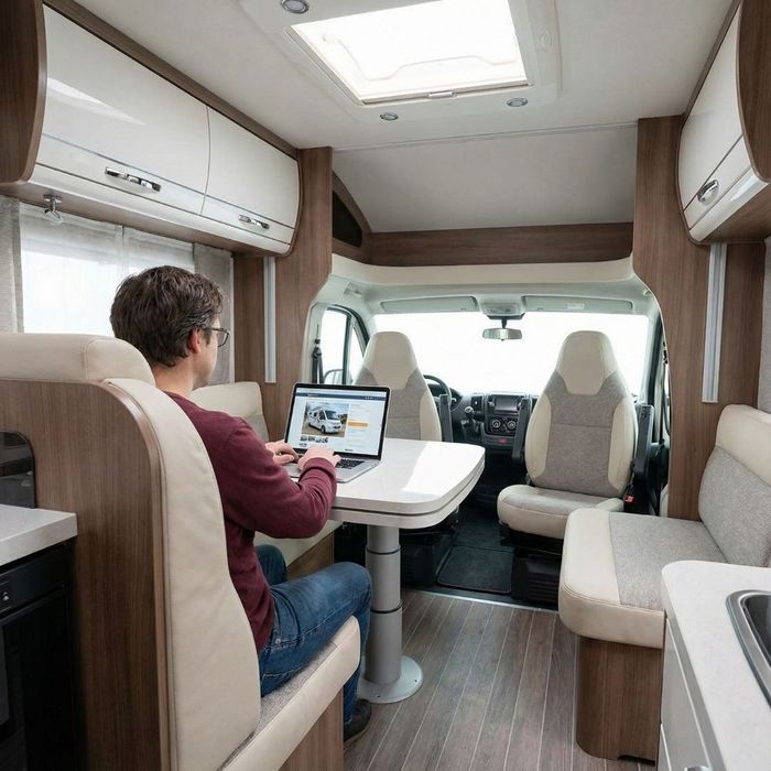 A man sits at the dinette inside a modern motorhome, browsing an RV-for-sale website on his laptop.