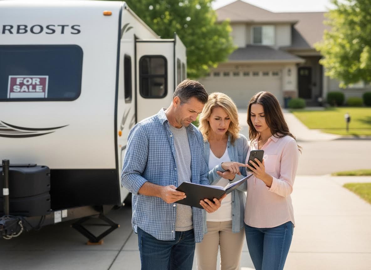 Family reviewing details for an RV for sale