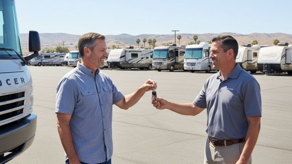 RV owner handing over keys to a salesman at rv dealer  RV owner handing over keys to a salesman at rv dealer