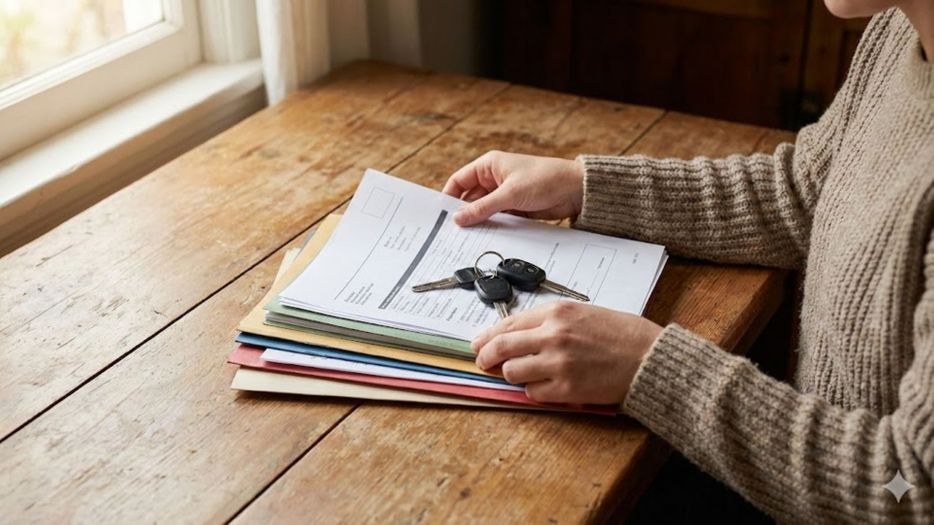 A person organizes documents and keys on a table, with a motorhome visible outside.