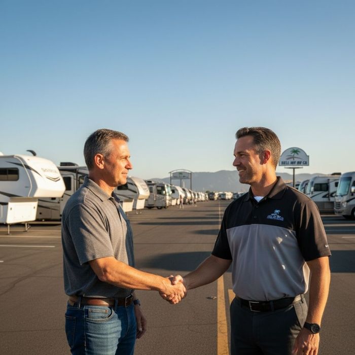 RV owner shaking hands with a friendly RV salesman on a dealer lot
