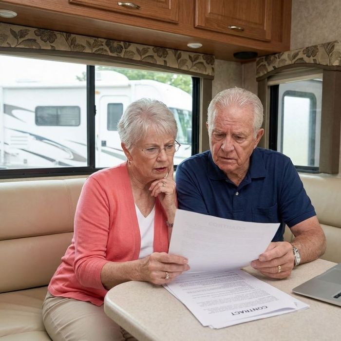 An elderly couple looking concerned while reviewing a complex contract with an RV visible through a window.