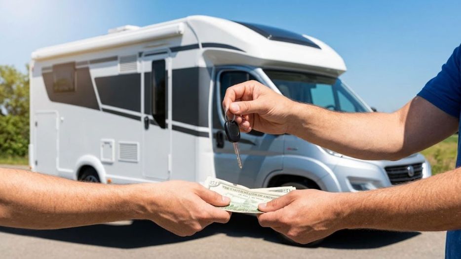 Hands exchanging keys and cash in front of a modern RV on a sunny day.
