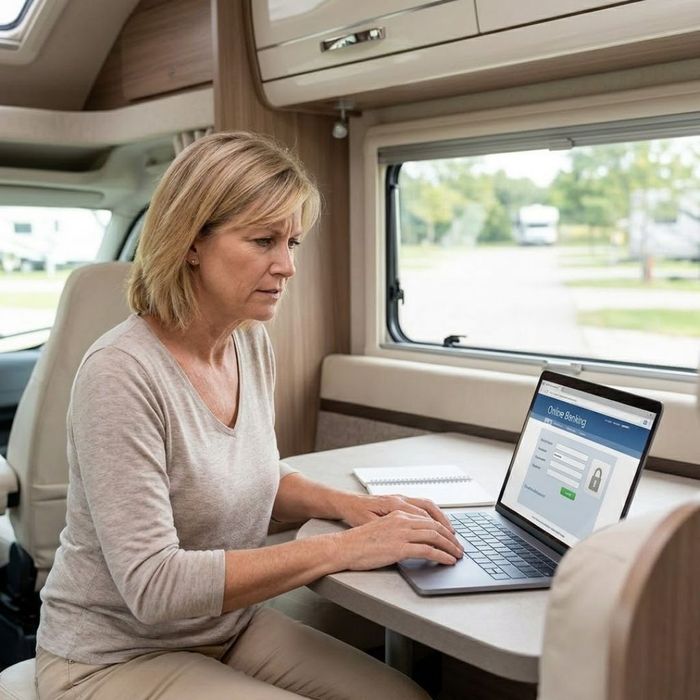 A woman sitting inside an RV carefully using a laptop to review financial information.