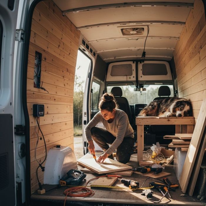 A person actively working on a DIY campervan conversion inside a cargo van