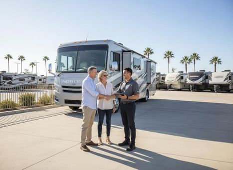 A happy couple shakes hands with a salesman in front of a large grey Norde RV with extended slide-outs at a sunny dealership lot. Couple Shaking Hands with RV Salesman at Dealership