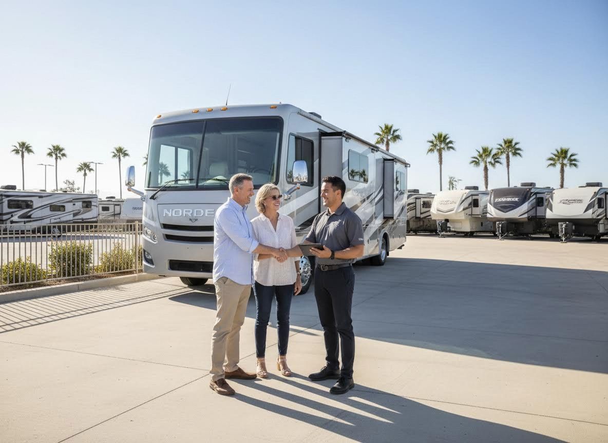Couple Shaking Hands with RV Salesman at Dealership