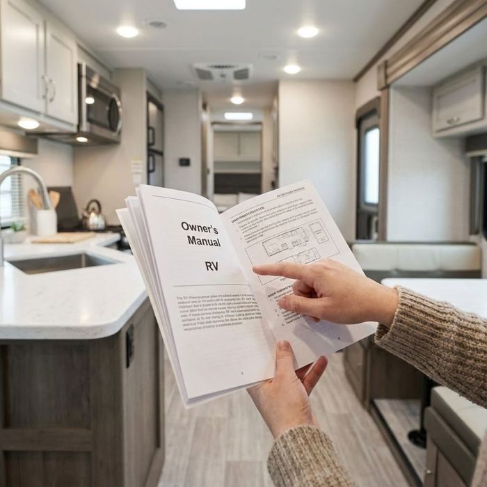 A hand holds an open owner's manual inside the cab of a modern motorhome.