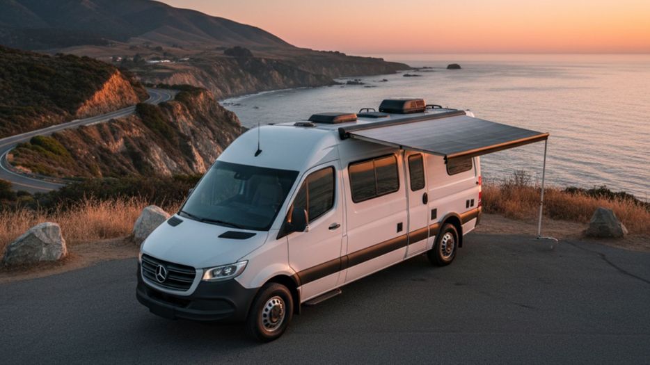 A sleek, modern, professionally built campervan (Class B RV) parked in a scenic California coastal setting