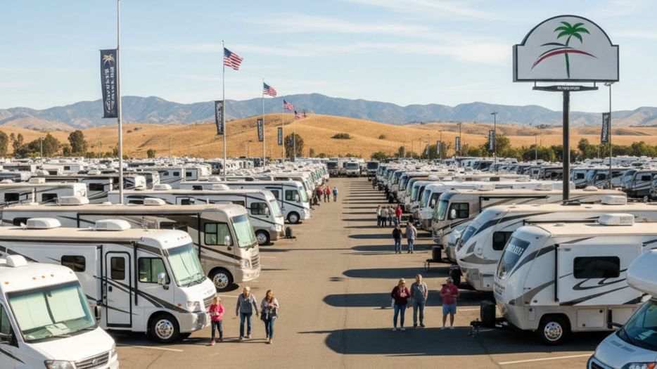 bustling RV sales lot with various models under the California sun