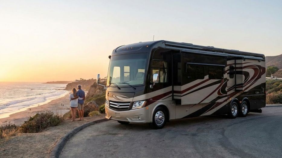 A couple stands beside a luxury Class A motorhome parked on a scenic overlook by the California coast at sunset.